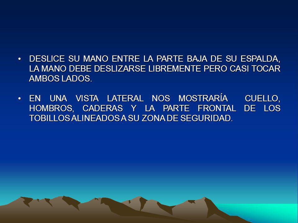 DESLICE SU MANO ENTRE LA PARTE BAJA DE SU ESPALDA, LA MANO DEBE DESLIZARSE LIBREMENTE PERO CASI TOCAR AMBOS LADOS.