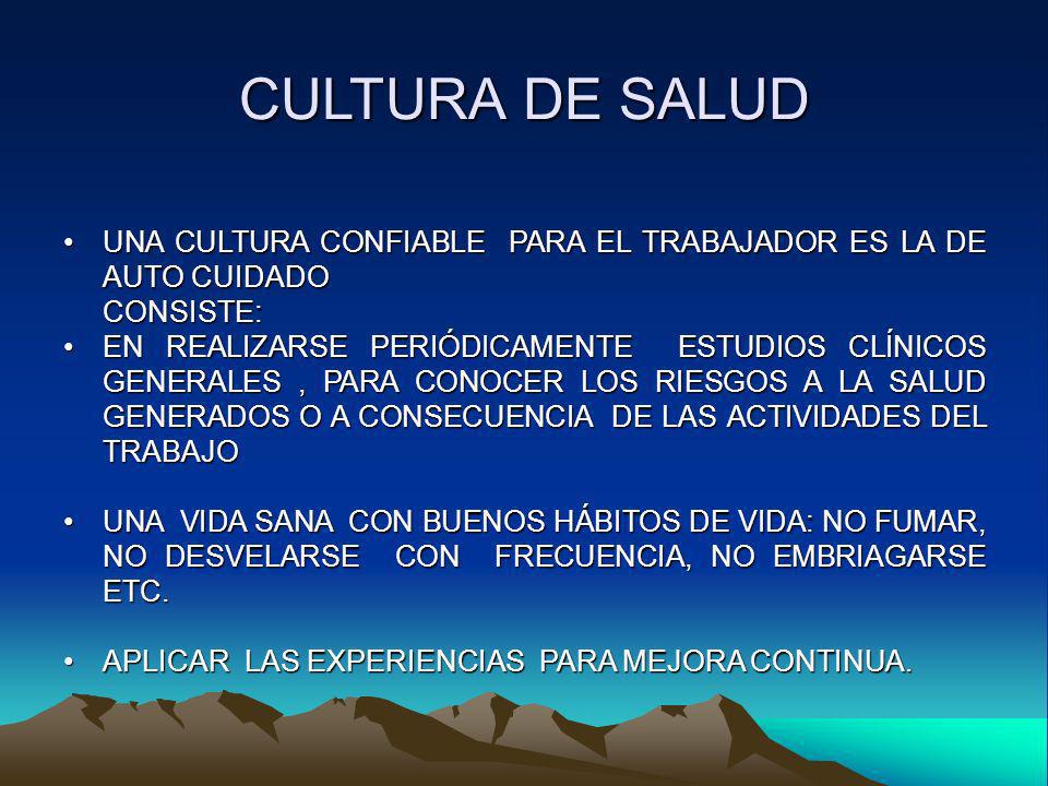 CULTURA DE SALUD UNA CULTURA CONFIABLE PARA EL TRABAJADOR ES LA DE AUTO CUIDADO. CONSISTE: