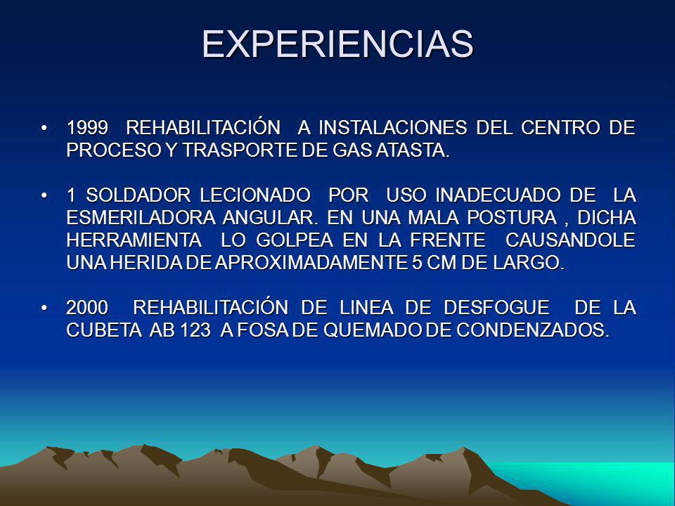 EXPERIENCIAS 1999 REHABILITACIÓN A INSTALACIONES DEL CENTRO DE PROCESO Y TRASPORTE DE GAS ATASTA.