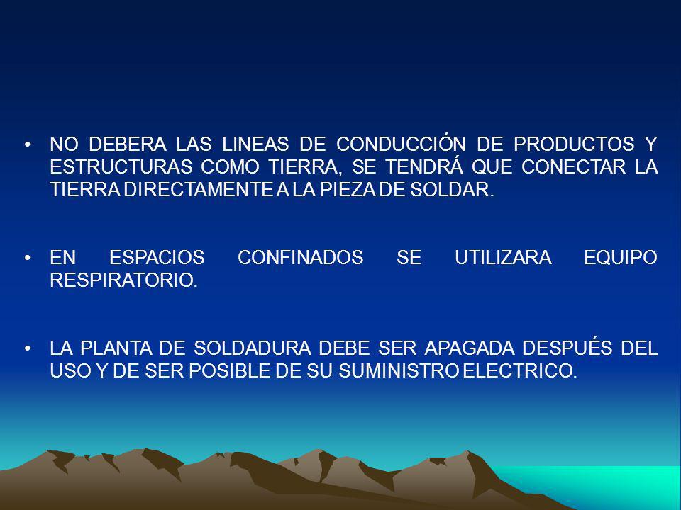 NO DEBERA LAS LINEAS DE CONDUCCIÓN DE PRODUCTOS Y ESTRUCTURAS COMO TIERRA, SE TENDRÁ QUE CONECTAR LA TIERRA DIRECTAMENTE A LA PIEZA DE SOLDAR.