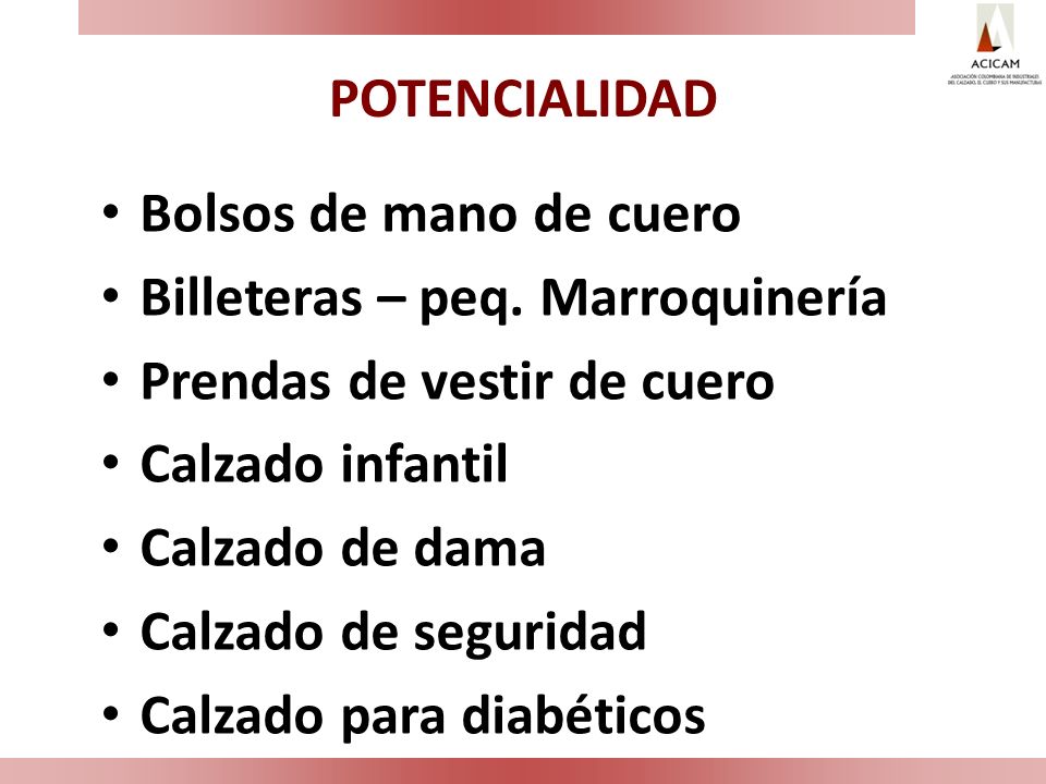 POTENCIALIDAD Bolsos de mano de cuero. Billeteras – peq. Marroquinería. Prendas de vestir de cuero.