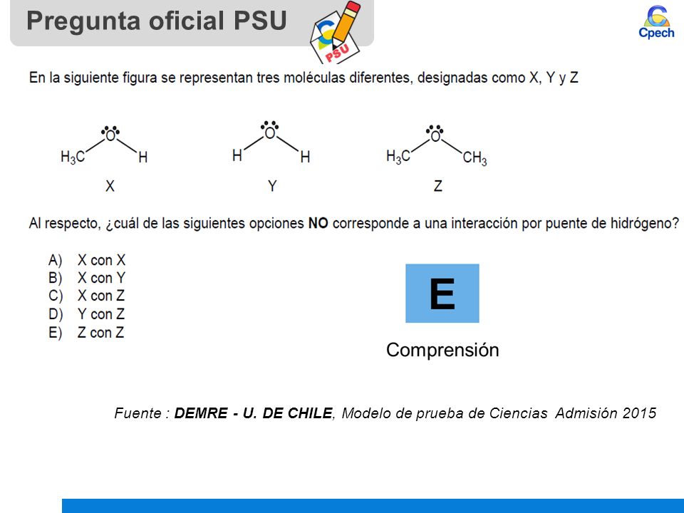 Pregunta oficial PSU Fuente : DEMRE - U. DE CHILE, Modelo de prueba de Ciencias Admisión 2015