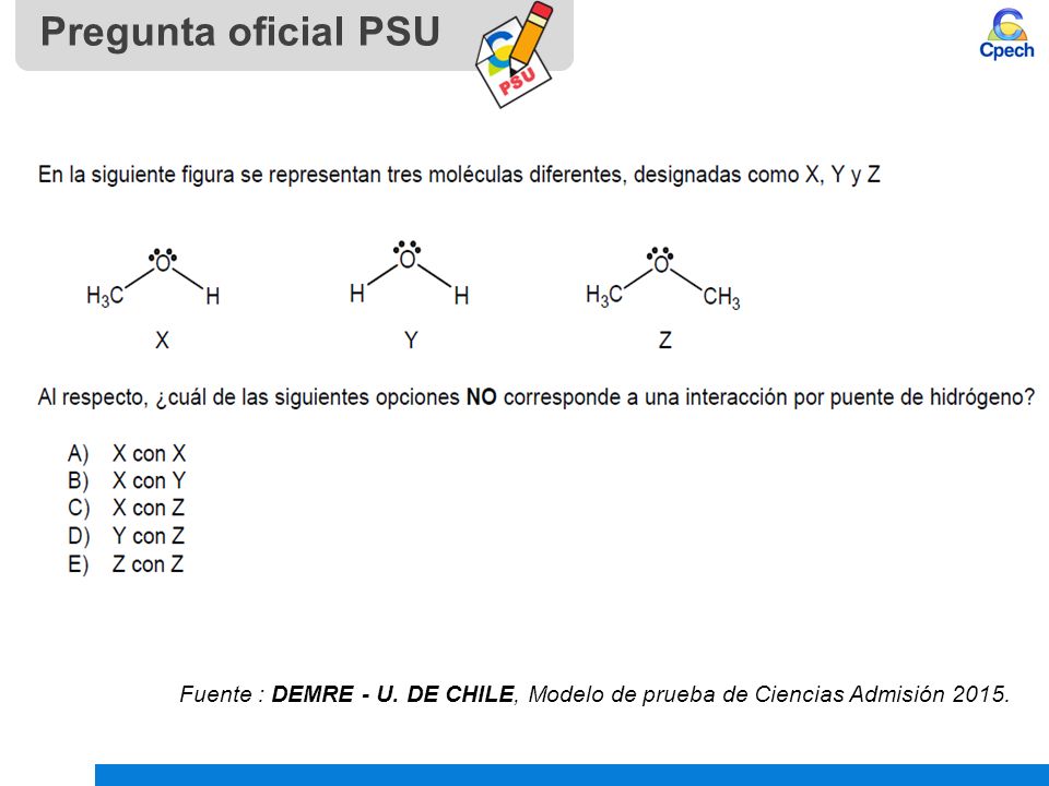 Pregunta oficial PSU Fuente : DEMRE - U. DE CHILE, Modelo de prueba de Ciencias Admisión 2015.