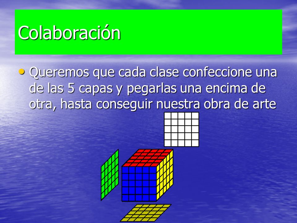 Colaboración Queremos que cada clase confeccione una de las 5 capas y pegarlas una encima de otra, hasta conseguir nuestra obra de arte.