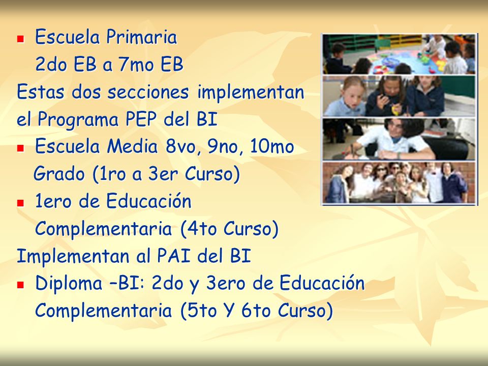 Escuela Primaria 2do EB a 7mo EB. Estas dos secciones implementan. el Programa PEP del BI. Escuela Media 8vo, 9no, 10mo.