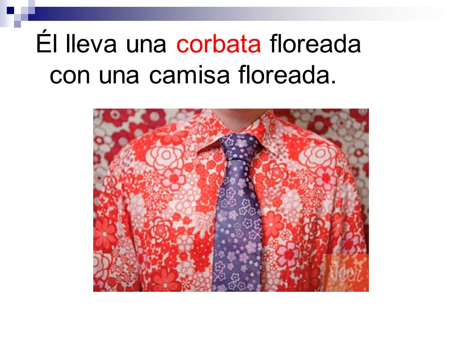 Él lleva una corbata floreada con una camisa floreada.
