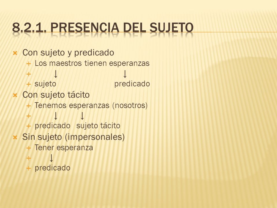 Presencia del sujeto Con sujeto y predicado Con sujeto tácito