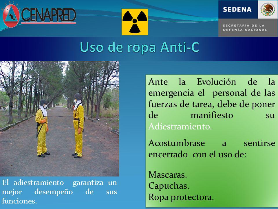 Uso de ropa Anti-C Ante la Evolución de la emergencia el personal de las fuerzas de tarea, debe de poner de manifiesto su Adiestramiento.