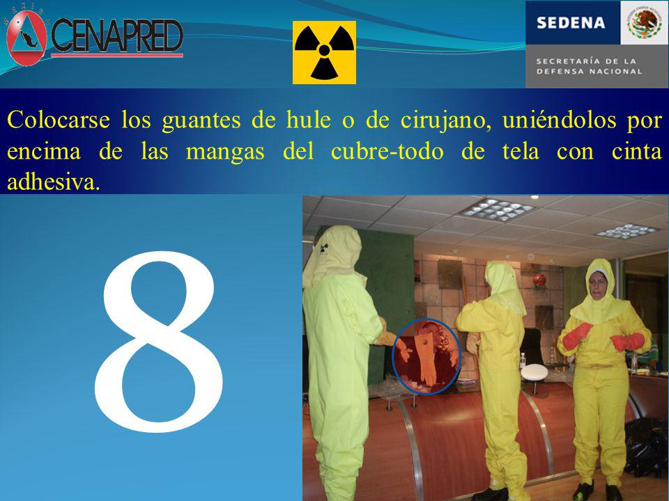 Colocarse los guantes de hule o de cirujano, uniéndolos por encima de las mangas del cubre-todo de tela con cinta adhesiva.