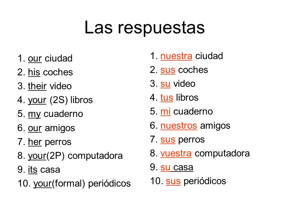 Las respuestas 1. nuestra ciudad 1. our ciudad 2. sus coches