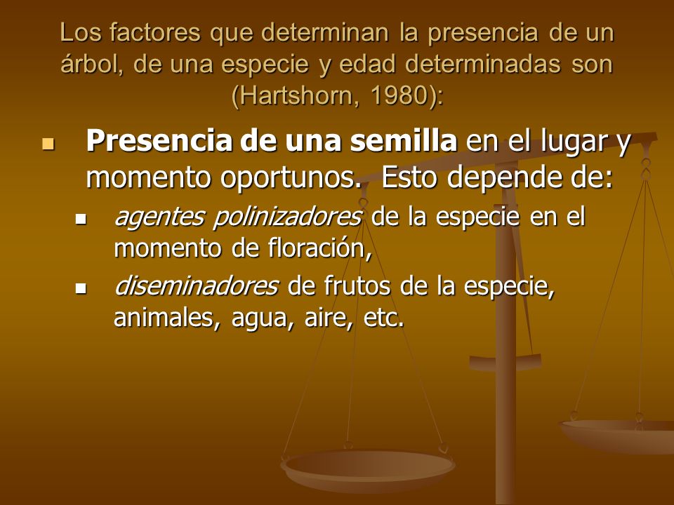 Los factores que determinan la presencia de un árbol, de una especie y edad determinadas son (Hartshorn, 1980):