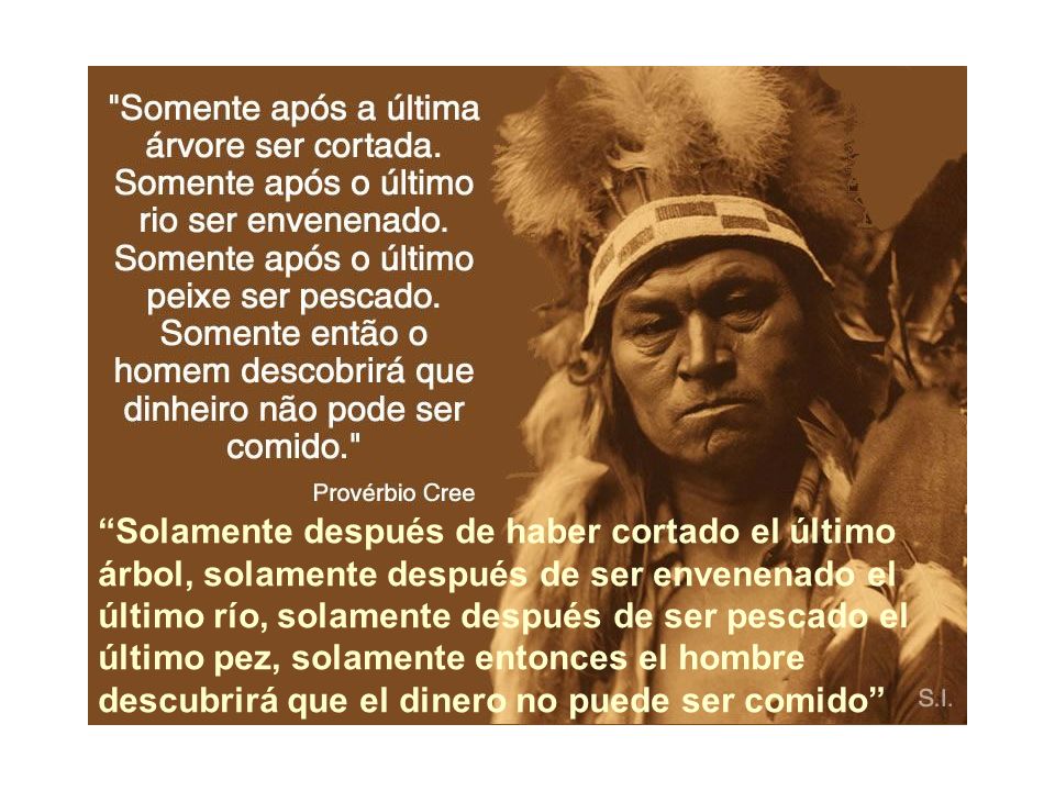 Solamente después de haber cortado el último árbol, solamente después de ser envenenado el último río, solamente después de ser pescado el último pez, solamente entonces el hombre descubrirá que el dinero no puede ser comido