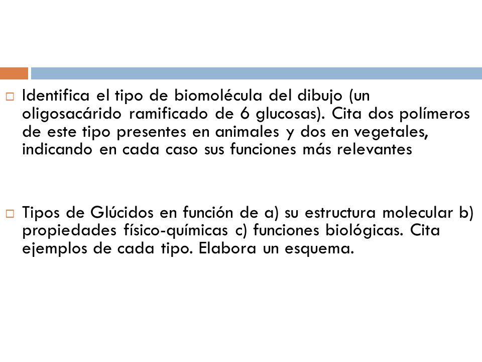 Identifica el tipo de biomolécula del dibujo (un oligosacárido ramificado de 6 glucosas). Cita dos polímeros de este tipo presentes en animales y dos en vegetales, indicando en cada caso sus funciones más relevantes