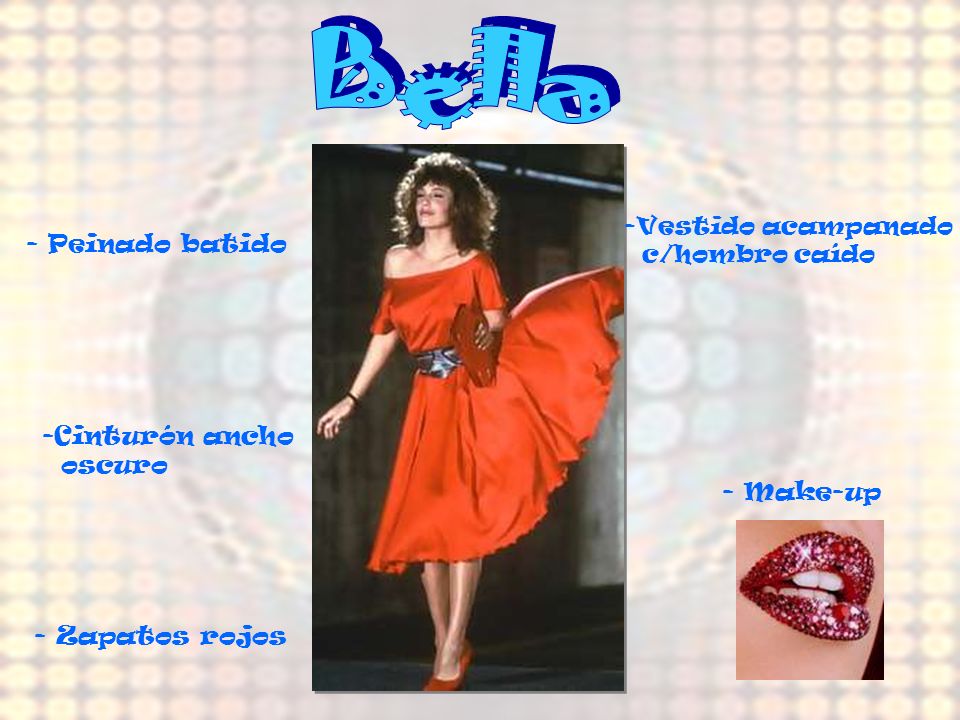 Bella - Peinado batido Cinturón ancho oscuro - Make-up - Zapatos rojos