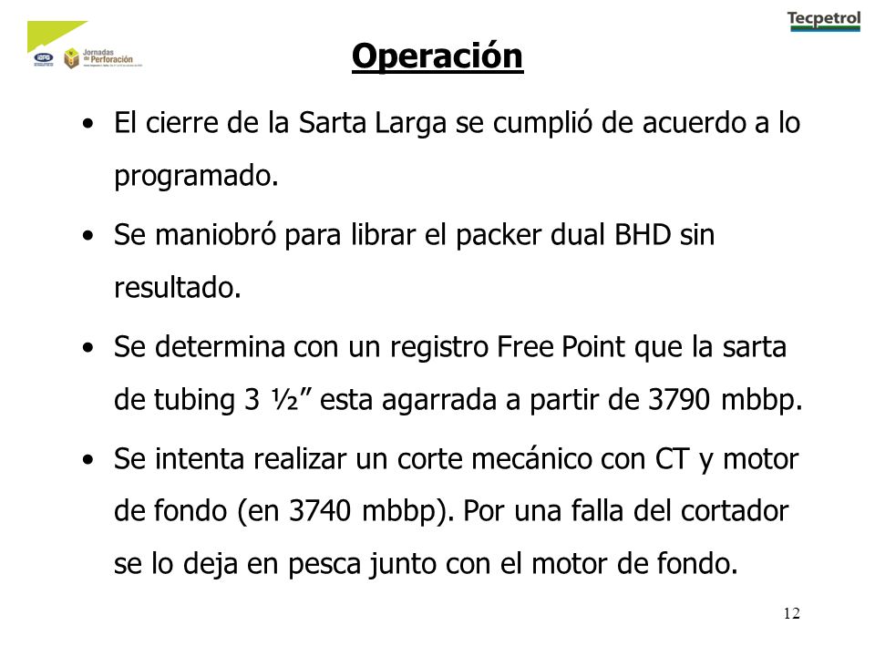 Operación El cierre de la Sarta Larga se cumplió de acuerdo a lo programado. Se maniobró para librar el packer dual BHD sin resultado.
