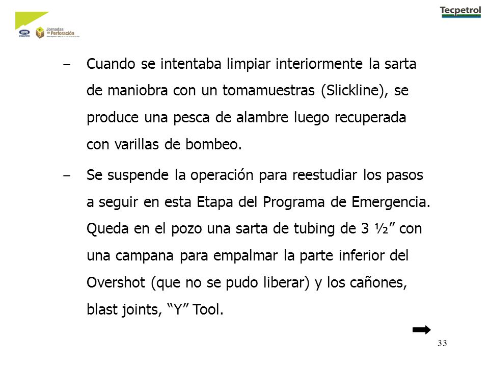 Cuando se intentaba limpiar interiormente la sarta de maniobra con un tomamuestras (Slickline), se produce una pesca de alambre luego recuperada con varillas de bombeo.
