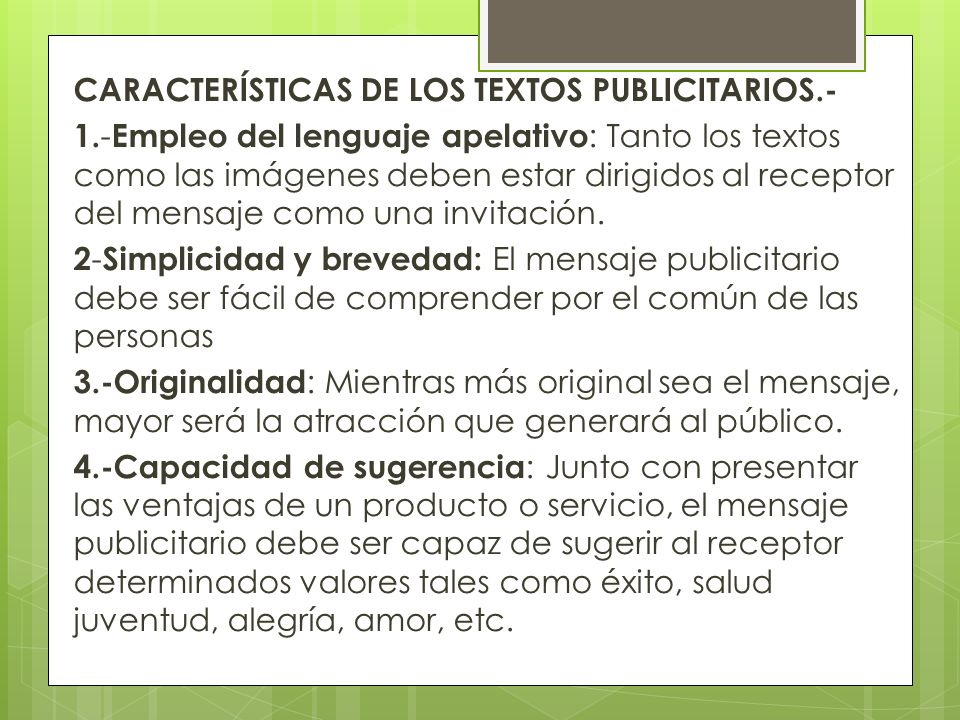 CARACTERÍSTICAS DE LOS TEXTOS PUBLICITARIOS. - 1