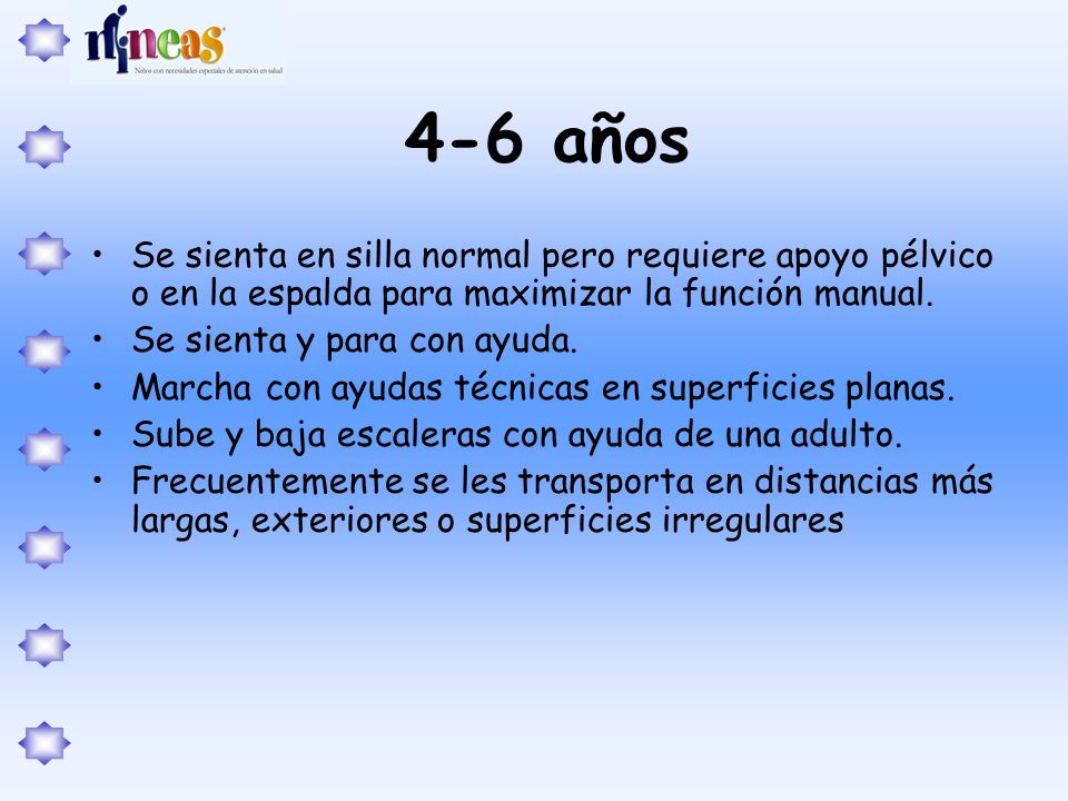 4-6 años Se sienta en silla normal pero requiere apoyo pélvico o en la espalda para maximizar la función manual.