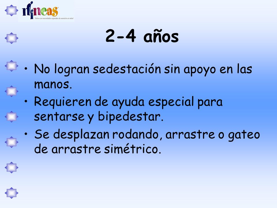 2-4 años No logran sedestación sin apoyo en las manos.