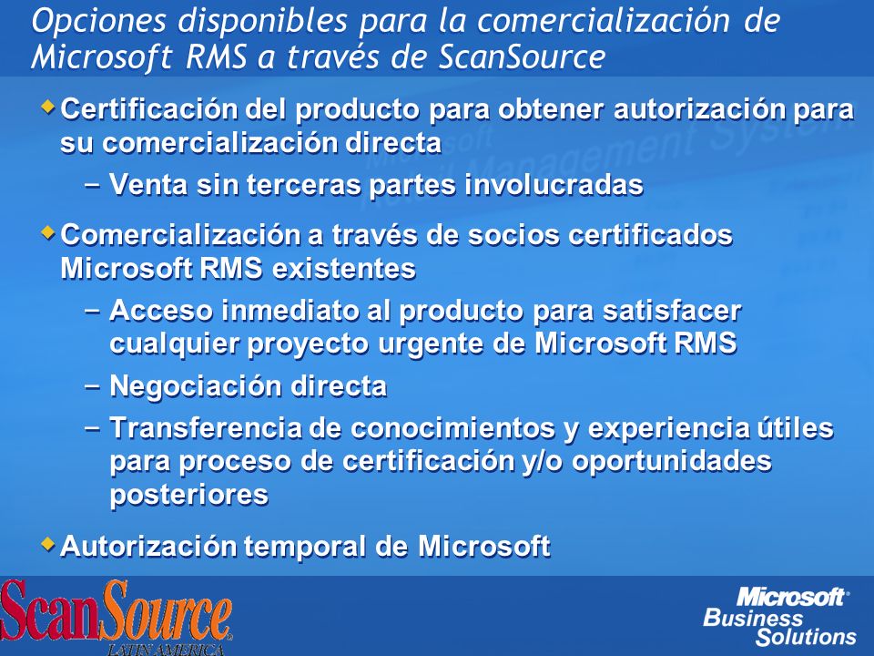 Opciones disponibles para la comercialización de Microsoft RMS a través de ScanSource