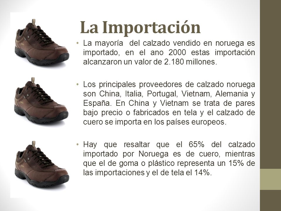 La Importación La mayoría del calzado vendido en noruega es importado, en el ano 2000 estas importación alcanzaron un valor de millones.