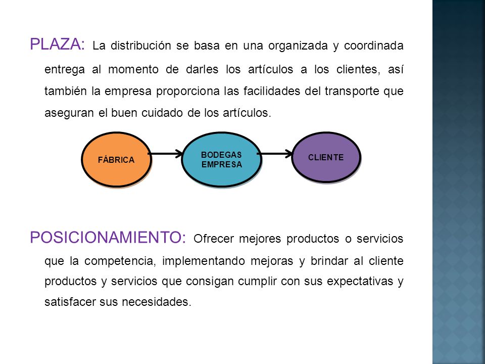 PLAZA: La distribución se basa en una organizada y coordinada entrega al momento de darles los artículos a los clientes, así también la empresa proporciona las facilidades del transporte que aseguran el buen cuidado de los artículos.