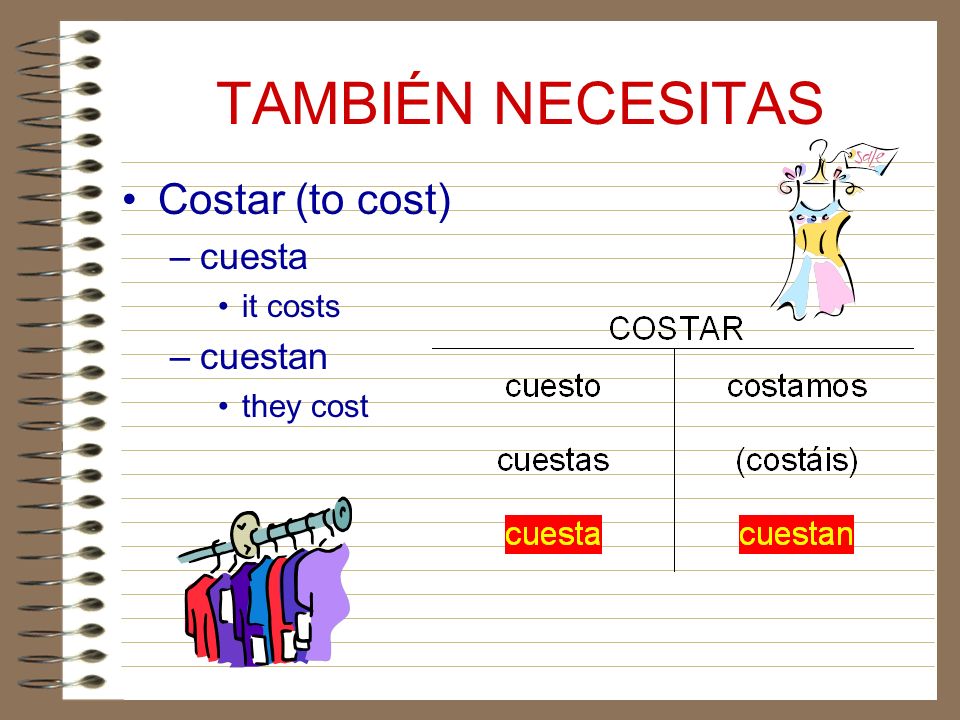 TAMBIÉN NECESITAS Costar (to cost) cuesta it costs cuestan they cost