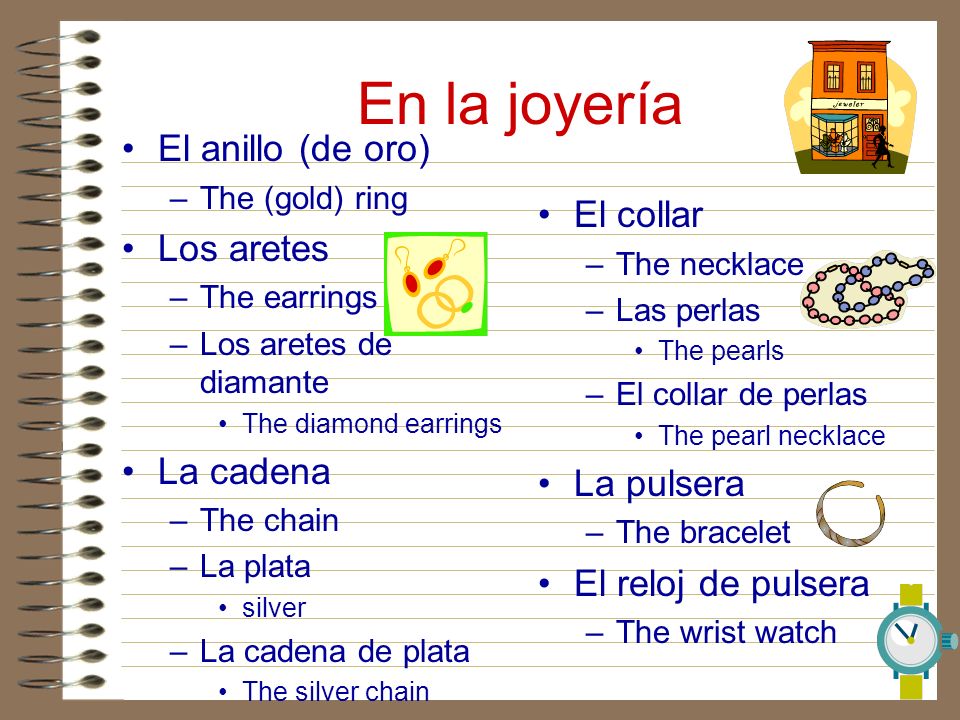 En la joyería El anillo (de oro) Los aretes El collar La cadena