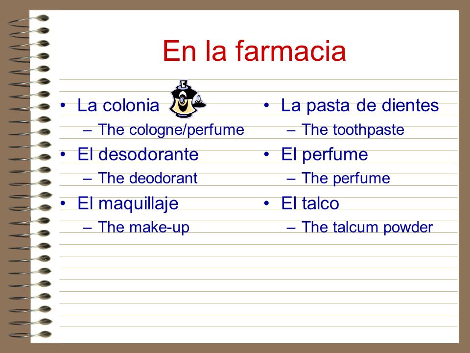 En la farmacia La colonia El desodorante El maquillaje