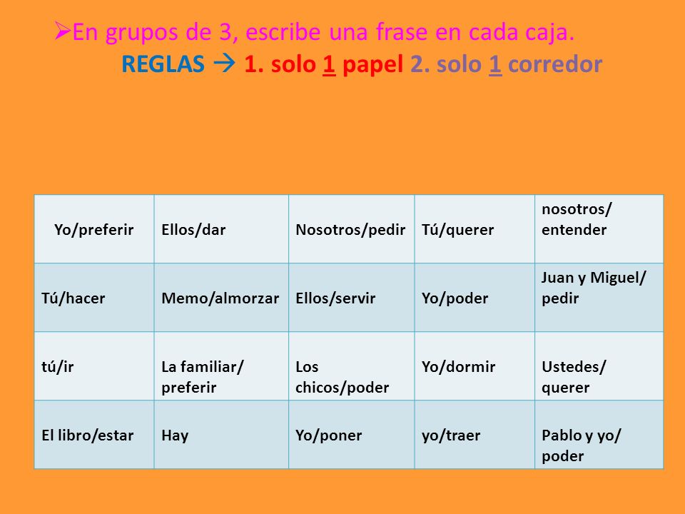 En grupos de 3, escribe una frase en cada caja.