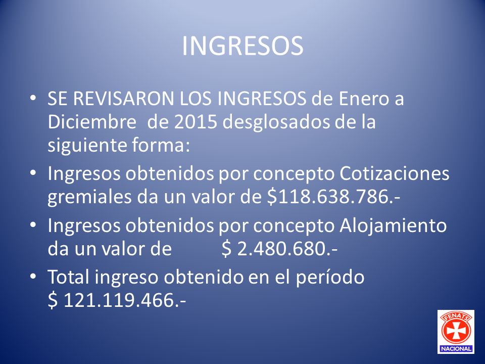 INGRESOS SE REVISARON LOS INGRESOS de Enero a Diciembre de 2015 desglosados de la siguiente forma: