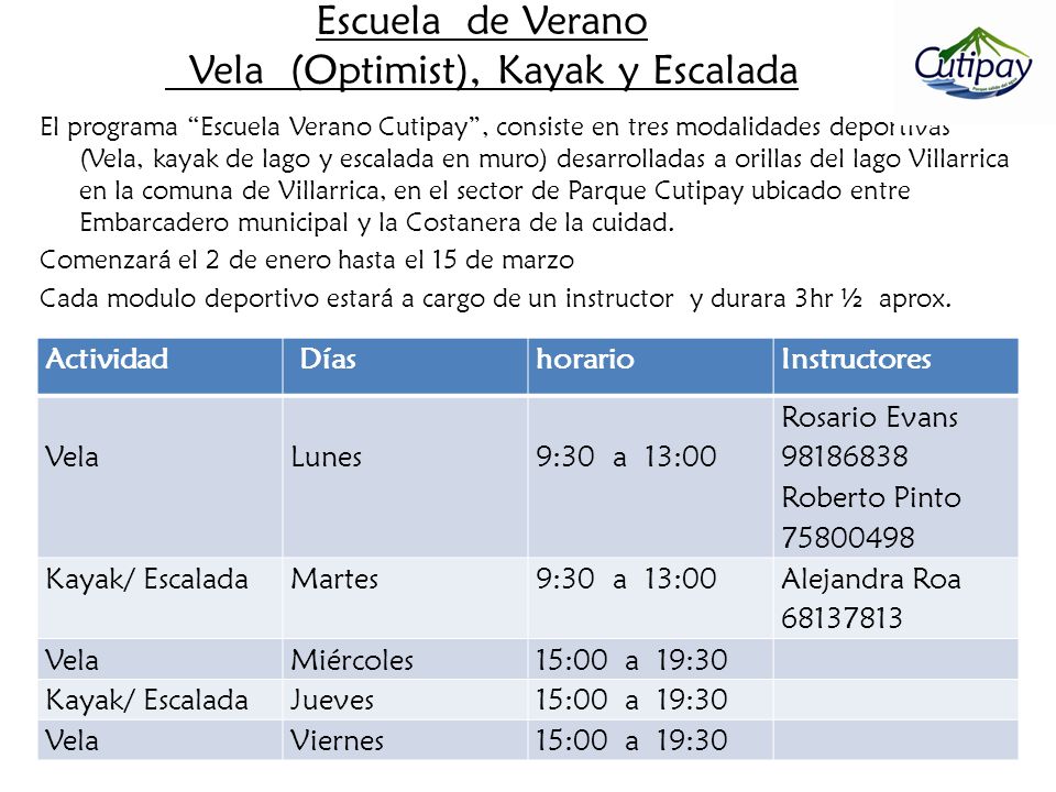Escuela de Verano Vela (Optimist), Kayak y Escalada