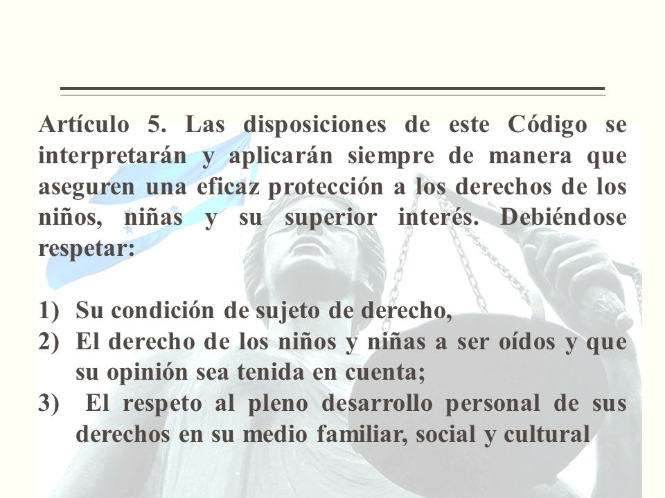 Artículo 5. Las disposiciones de este Código se interpretarán y aplicarán siempre de manera que aseguren una eficaz protección a los derechos de los niños, niñas y su superior interés. Debiéndose respetar: