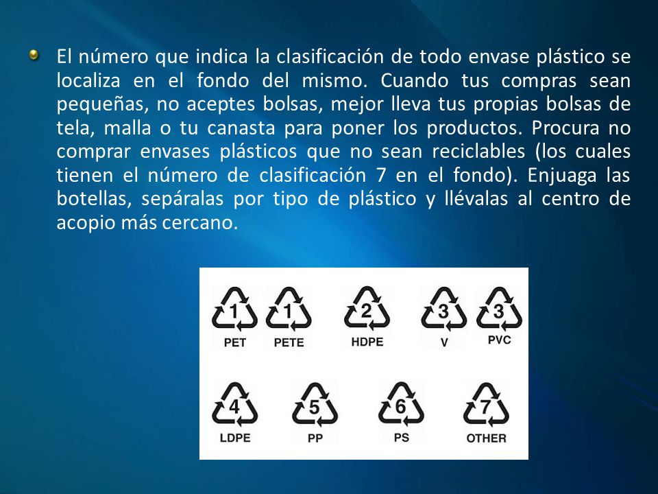 El número que indica la clasificación de todo envase plástico se localiza en el fondo del mismo.