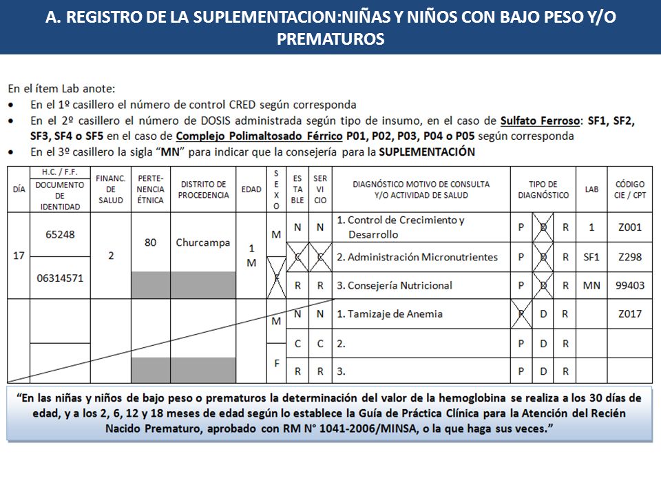 A. REGISTRO DE LA SUPLEMENTACION:NIÑAS Y NIÑOS CON BAJO PESO Y/O PREMATUROS