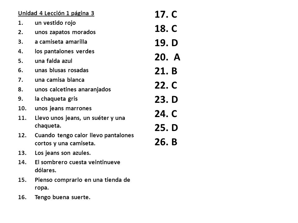 C D A B Unidad 4 Lección 1 página 3 un vestido rojo