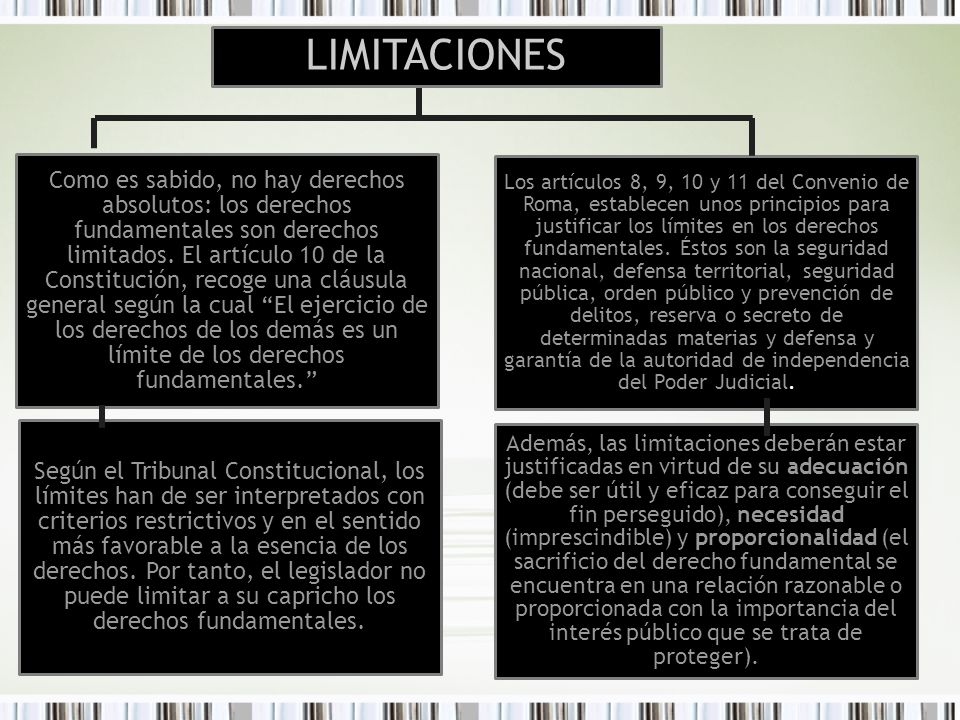 Como es sabido, no hay derechos absolutos: los derechos fundamentales son derechos limitados. El artículo 10 de la Constitución, recoge una cláusula general según la cual El ejercicio de los derechos de los demás es un límite de los derechos fundamentales.
