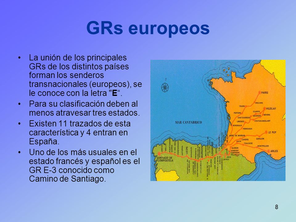 GRs europeos La unión de los principales GRs de los distintos países forman los senderos transnacionales (europeos), se le conoce con la letra E .