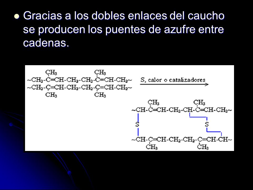 Gracias a los dobles enlaces del caucho se producen los puentes de azufre entre cadenas.