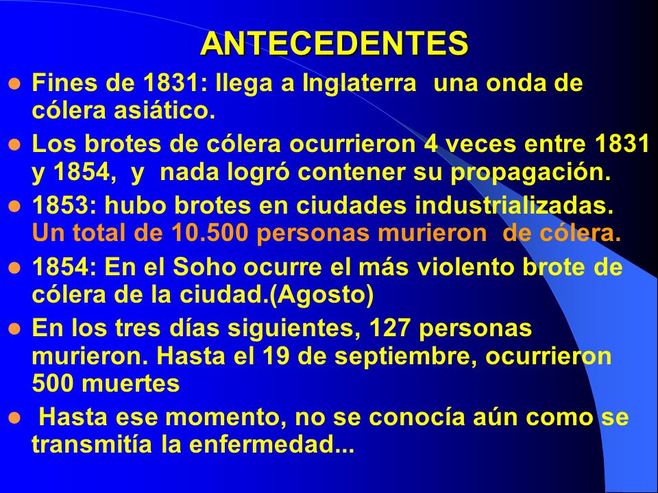 ANTECEDENTES Fines de 1831: llega a Inglaterra una onda de cólera asiático.