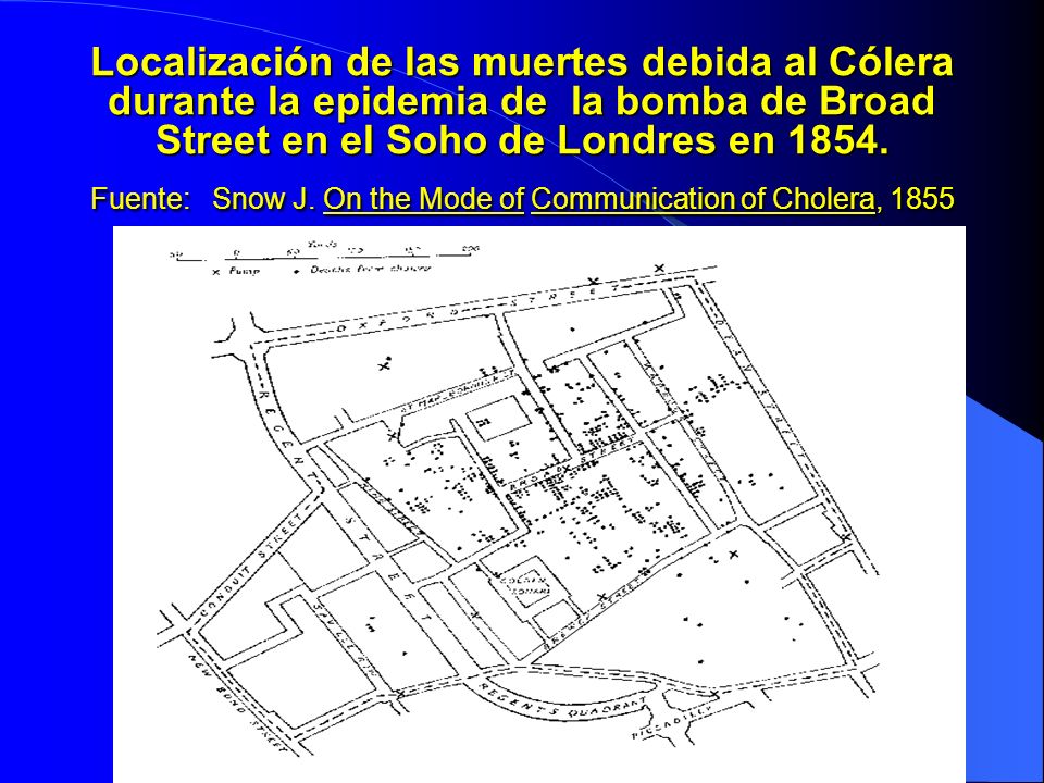 Localización de las muertes debida al Cólera durante la epidemia de la bomba de Broad Street en el Soho de Londres en 1854.