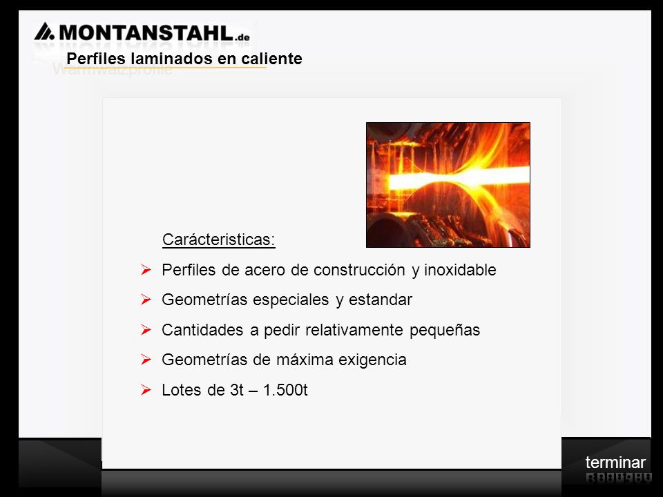 c Warmwalzprofile. Perfiles laminados en caliente. Carácteristicas: Perfiles de acero de construcción y inoxidable.