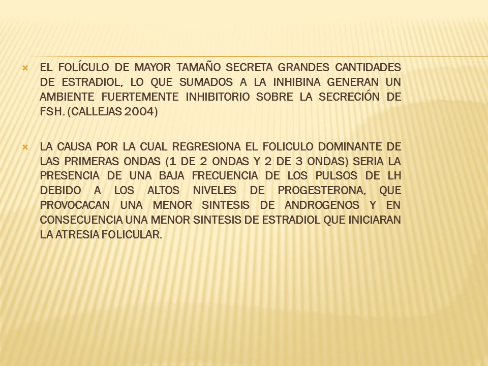 EL FOLÍCULO DE MAYOR TAMAÑO SECRETA GRANDES CANTIDADES DE ESTRADIOL, LO QUE SUMADOS A LA INHIBINA GENERAN UN AMBIENTE FUERTEMENTE INHIBITORIO SOBRE LA SECRECIÓN DE FSH. (CALLEJAS 2004)