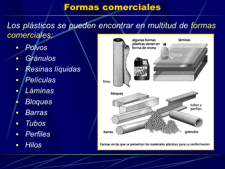 Formas comerciales Los plásticos se pueden encontrar en multitud de formas comerciales: Polvos. Gránulos.