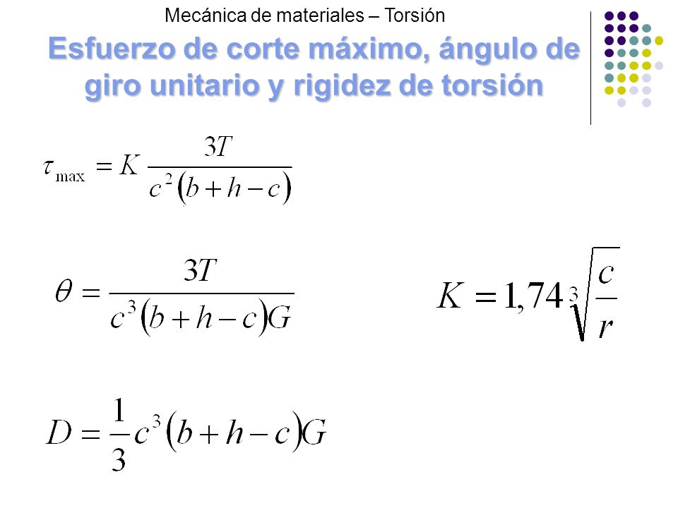 Esfuerzo de corte máximo, ángulo de giro unitario y rigidez de torsión
