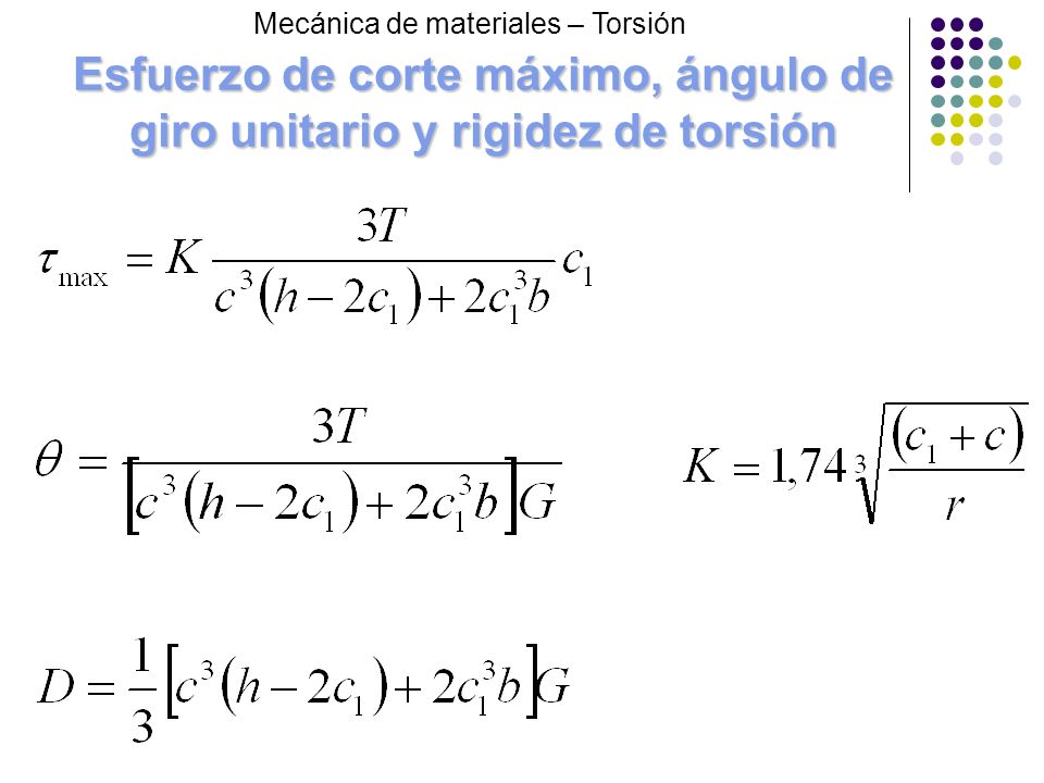 Esfuerzo de corte máximo, ángulo de giro unitario y rigidez de torsión