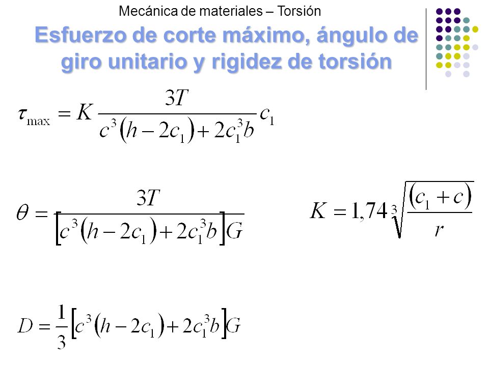 Esfuerzo de corte máximo, ángulo de giro unitario y rigidez de torsión