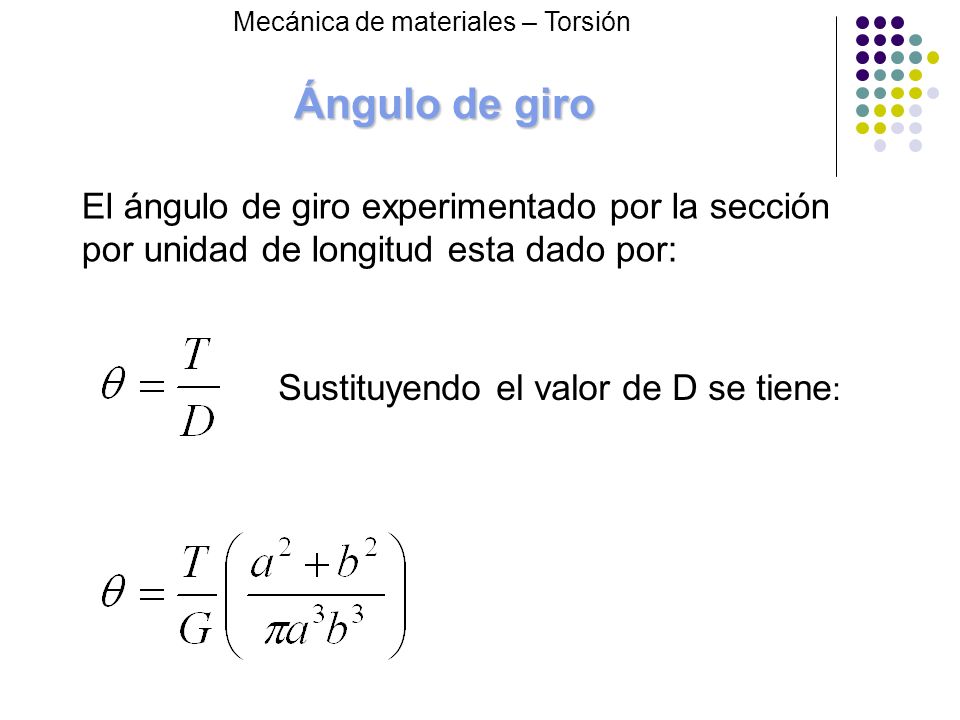 Ángulo de giro Mecánica de materiales – Torsión. El ángulo de giro experimentado por la sección por unidad de longitud esta dado por: