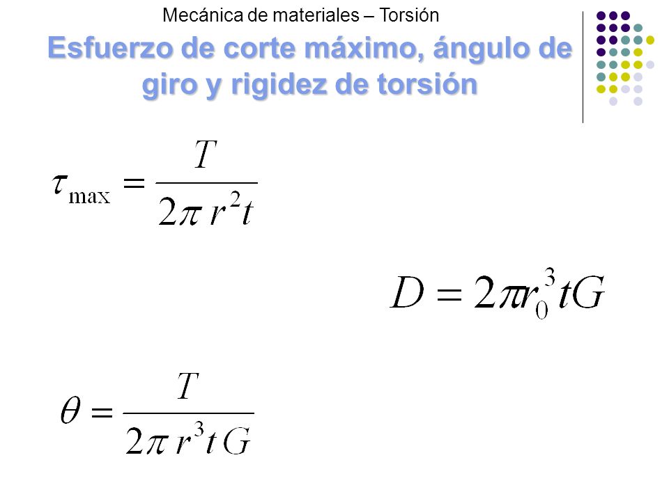 Esfuerzo de corte máximo, ángulo de giro y rigidez de torsión