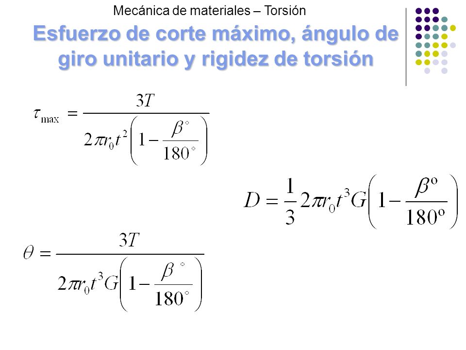 Esfuerzo de corte máximo, ángulo de giro unitario y rigidez de torsión